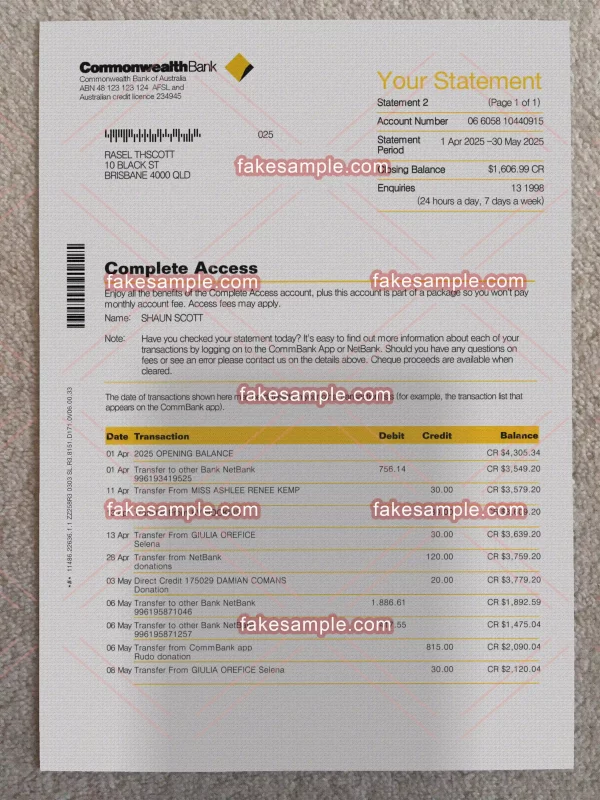 Australia Bank Statement Fake Template