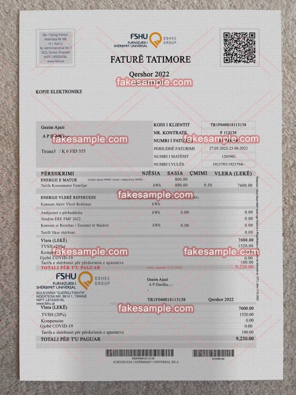 Albania Utility Bill Fake Template