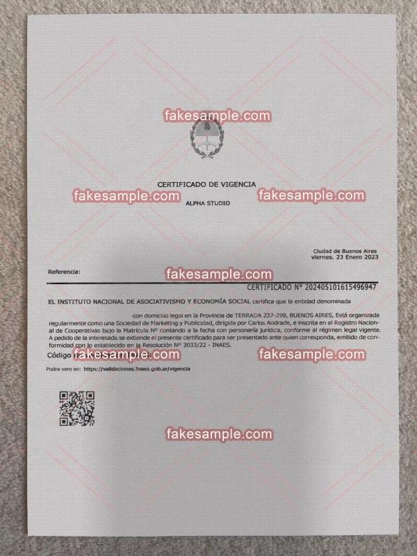 Argentina Company registration certificate Fake Template